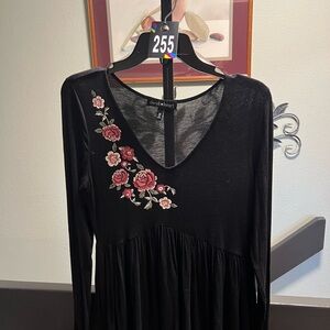 Derek Heart Black V-Neck Top with Red Floral Embroidery #255DAGO